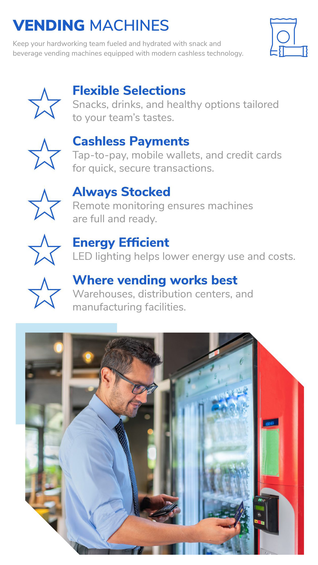 Vending Machines - Keep your hardworking team fueled and hydrated with snack and beverage vending machines equipped with modern cashless technology. Flexible Selections: Snacks, drinks, and healthy options tailored to your team’s tastes. Cashless Payments: Tap-to-pay, mobile wallets, and credit cards for quick, secure transactions. Always Stocked: Remote monitoring ensures machines are full and ready. Energy Efficient: LED lighting helps lower energy use and costs. Where vending works best: Warehouses, distribution centers, and manufacturing facilities